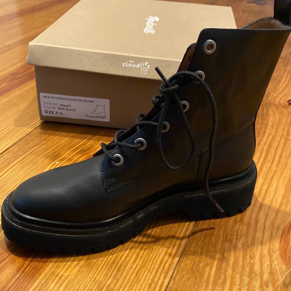 Madewell black leather Cloudlift moto combat boots lace up lug sole, 7.5 new!
